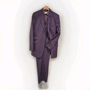 NWT Falcone Purple Pinstripe 44L W38L 3 Piece Suit Vest Jacket Pants +L Shirt